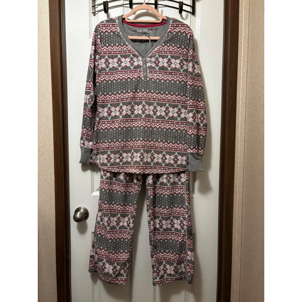 Nautica Womens Fair Isle Waffle Knit Pajama Set Grey Red Henley M